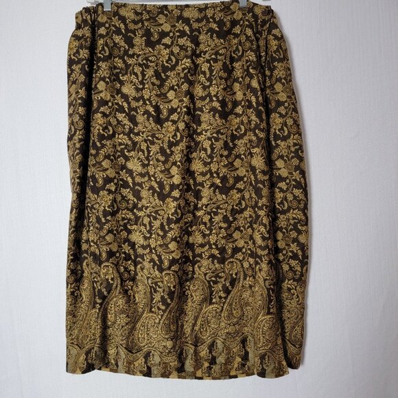VTG Sag Harbor Womens Midi Skirt Faux Wrap Sz 2XL Brown & Gold Brocade Preppy - Picture 2 of 12